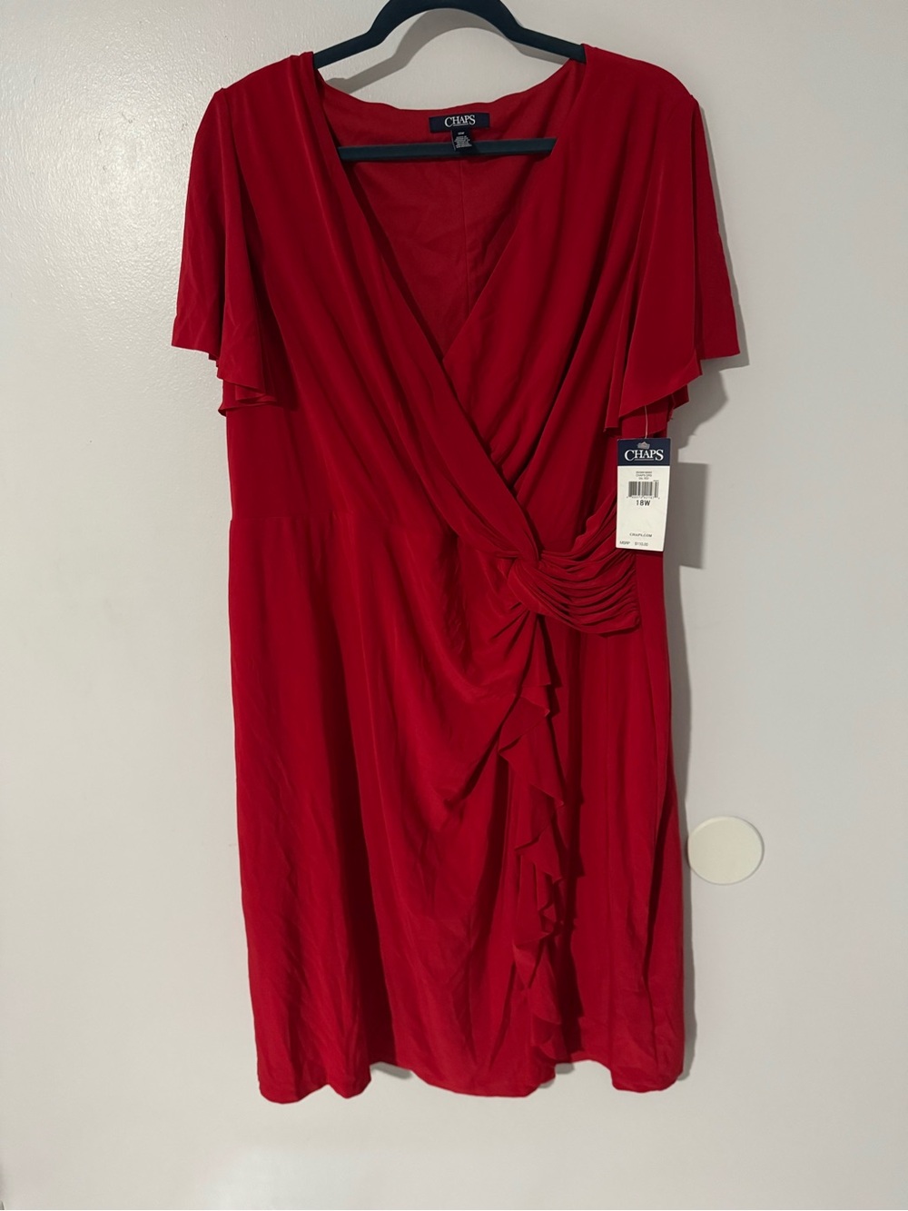 Ralph Lauren Chaps Women’s Red Faux-Wrap Knot Front Dress Flutter Sleeve NWT 18W